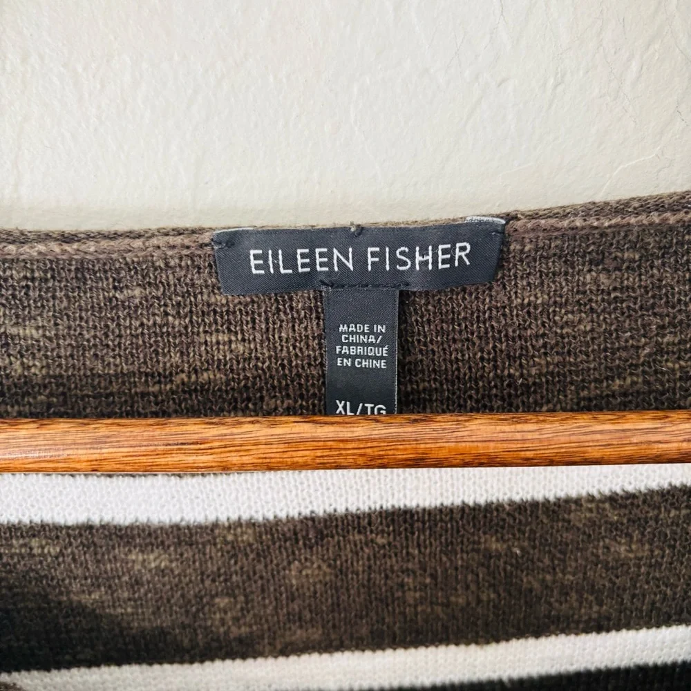 Eileen Fisher Dark Green‎ White Striped Knit Light Sweater Top Sz XL Linen Blend